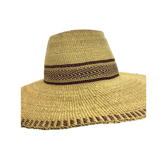South American Handmade Wide-Brimmed Straw Sun Hat Burgundy Accents Finely Woven - Picture 2 of 7